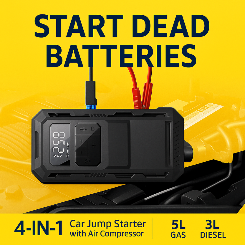 Heavy-Duty 4-in-1 Car Jump Starter with Air Pump and Power Bank
